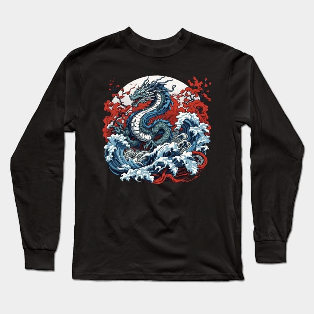 Dragon against the backdrop of a setting sun bathed in ocean waves Long Sleeve T-Shirt by T-Shirt Paradise